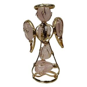 Rose Quartz Crystal Angel Figurine Gold Tone Wire Sculpture Guardian Decor Small